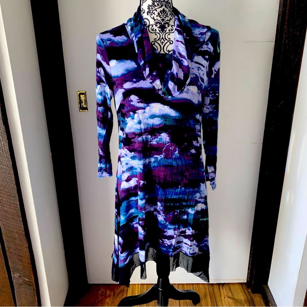 Cupio Size Large Black, Purple, Green, and Blue Cloud Like Pattern Cowl Dress